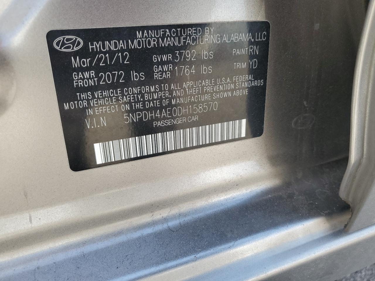 2013 Hyundai Elantra Gls VIN: 5NPDH4AE0DH158570 Lot: 85085875