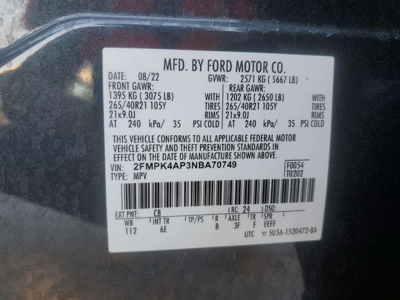 2022 Ford Edge St VIN: 2FMPK4AP3NBA70749 Lot: 83958075