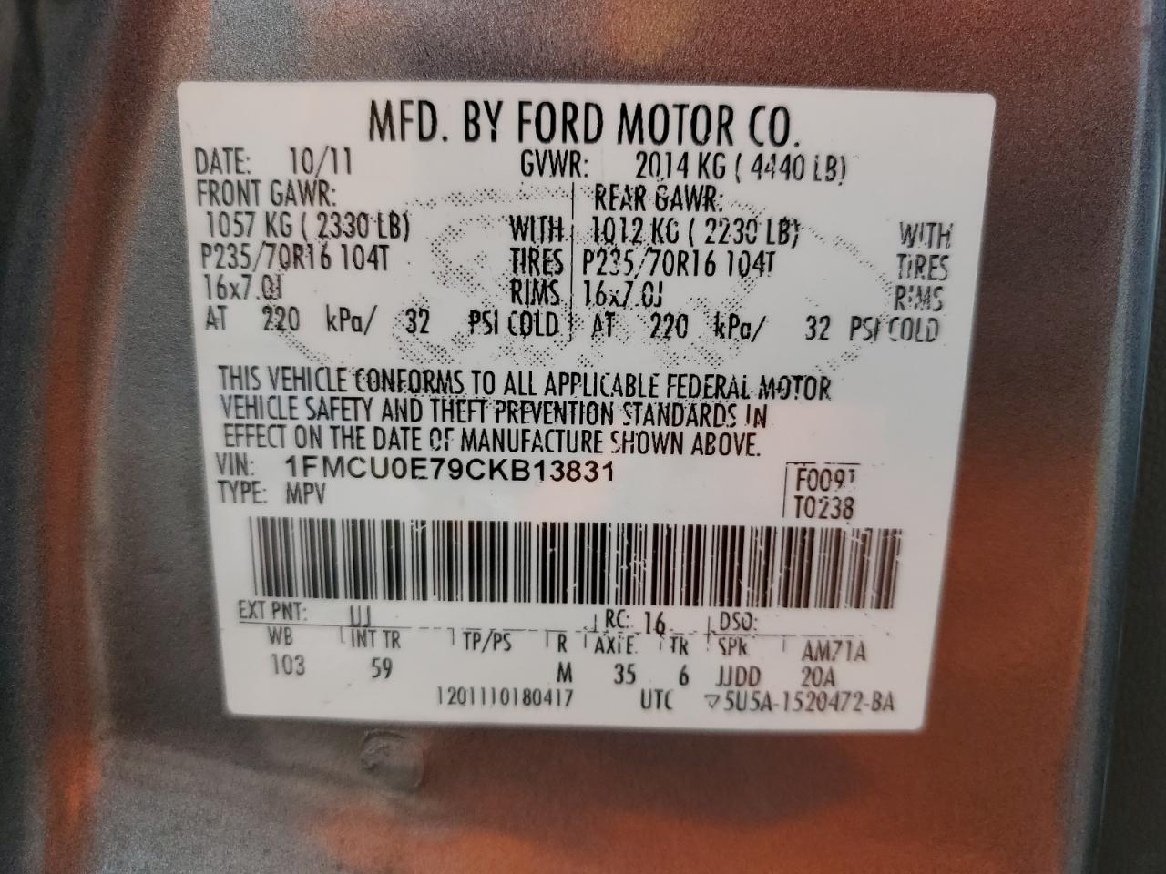 2012 Ford Escape Limited VIN: 1FMCU0E79CKB13831 Lot: 84746295