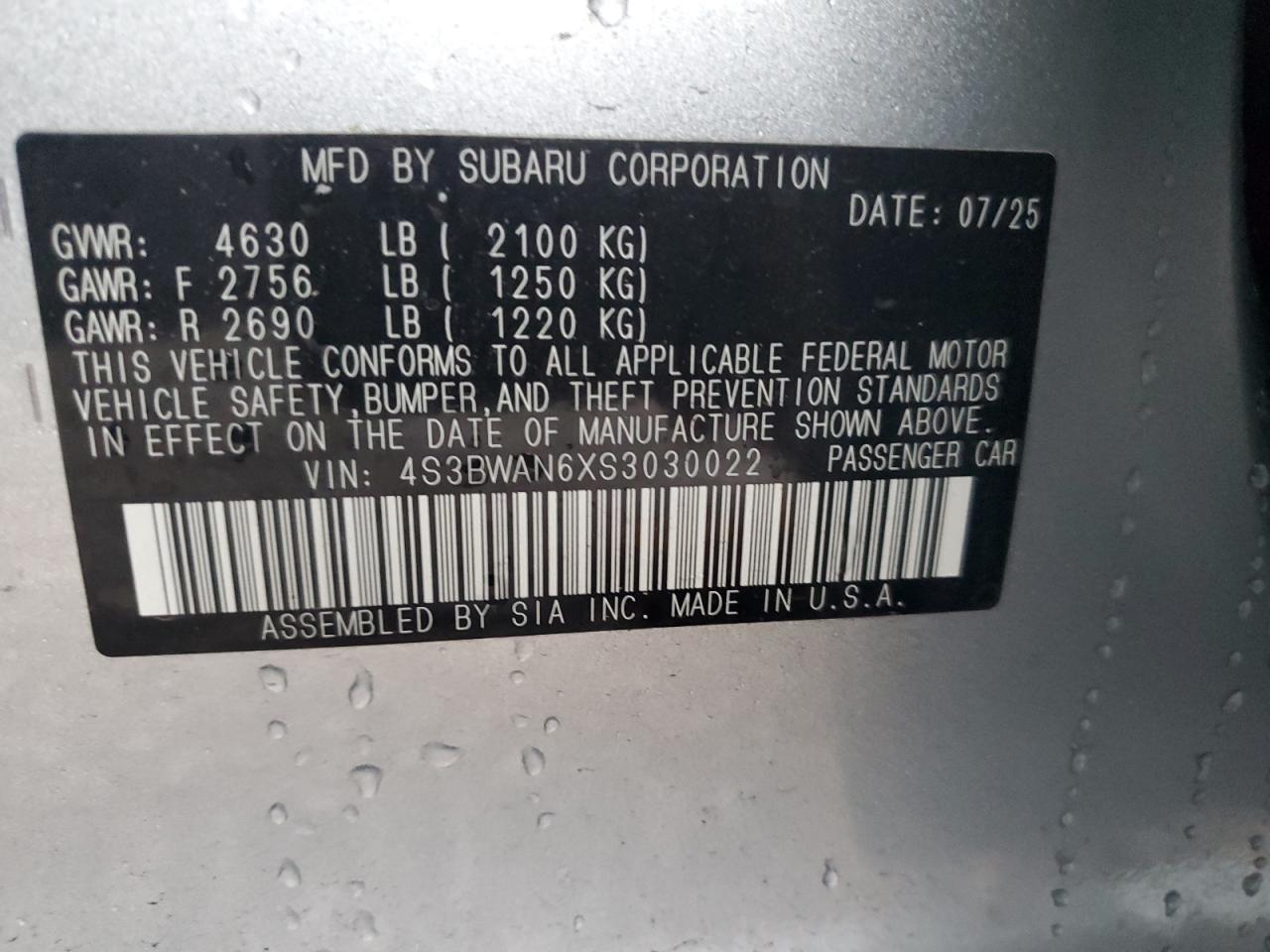 2025 Subaru Legacy Limited VIN: 4S3BWAN6XS3030022 Lot: 90812075