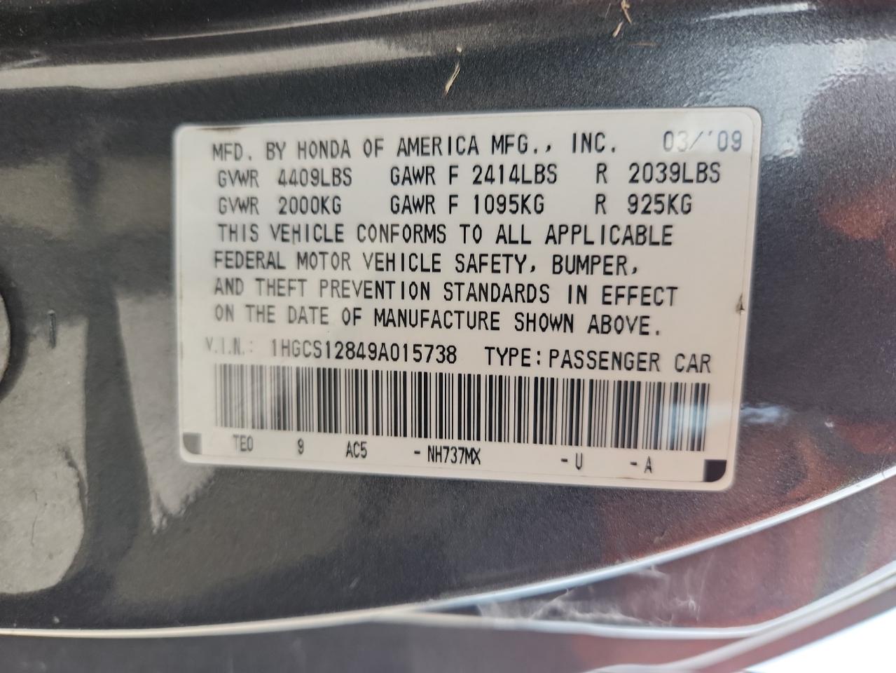 2009 Honda Accord Exl VIN: 1HGCS12849A015738 Lot: 85529335