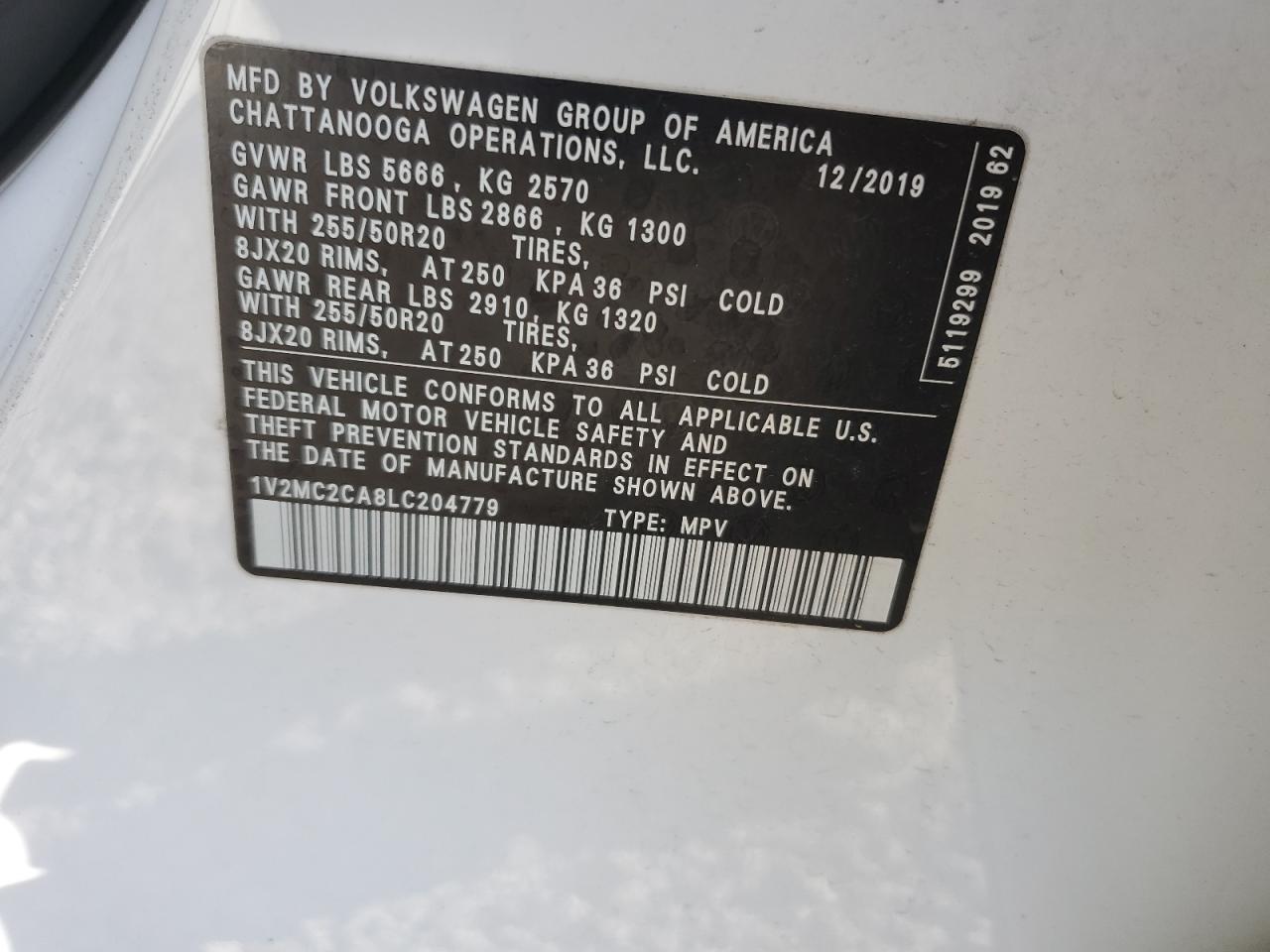 2020 Volkswagen Atlas Cross Sport Sel VIN: 1V2MC2CA8LC204779 Lot: 86666605