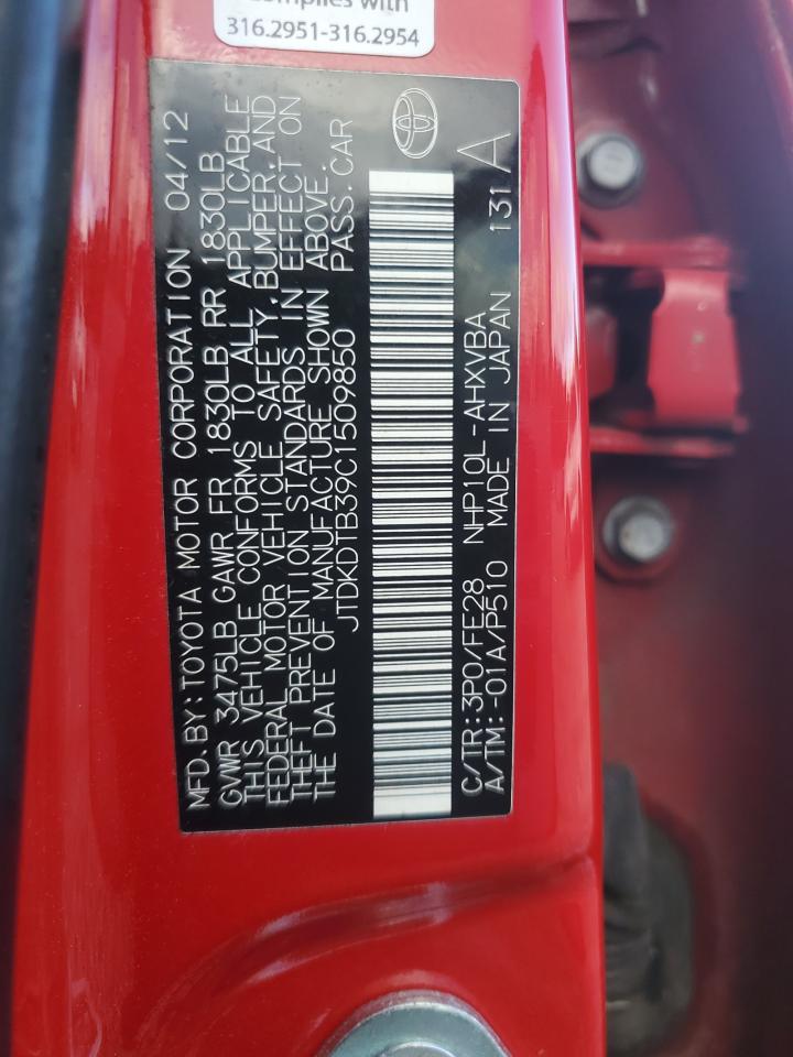 2012 Toyota Prius C VIN: JTDKDTB39C1509850 Lot: 90606735