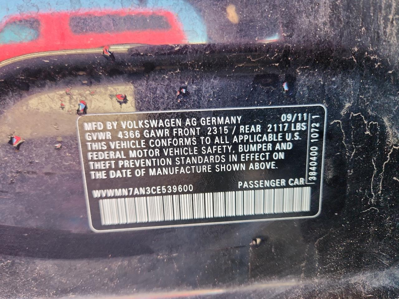 2012 Volkswagen Cc Sport VIN: WVWMN7AN3CE539600 Lot: 89837545