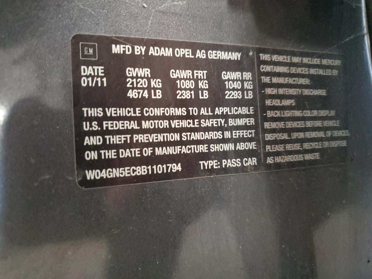 2011 Buick Regal Cxl VIN: W04GN5EC8B1101794 Lot: 82373575