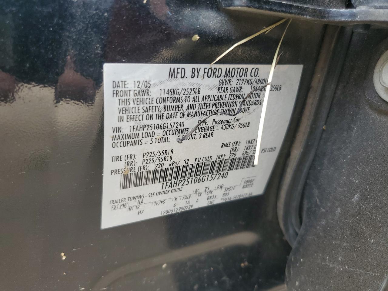 2006 Ford Five Hundred Limited VIN: 1FAHP25106G157240 Lot: 85134805