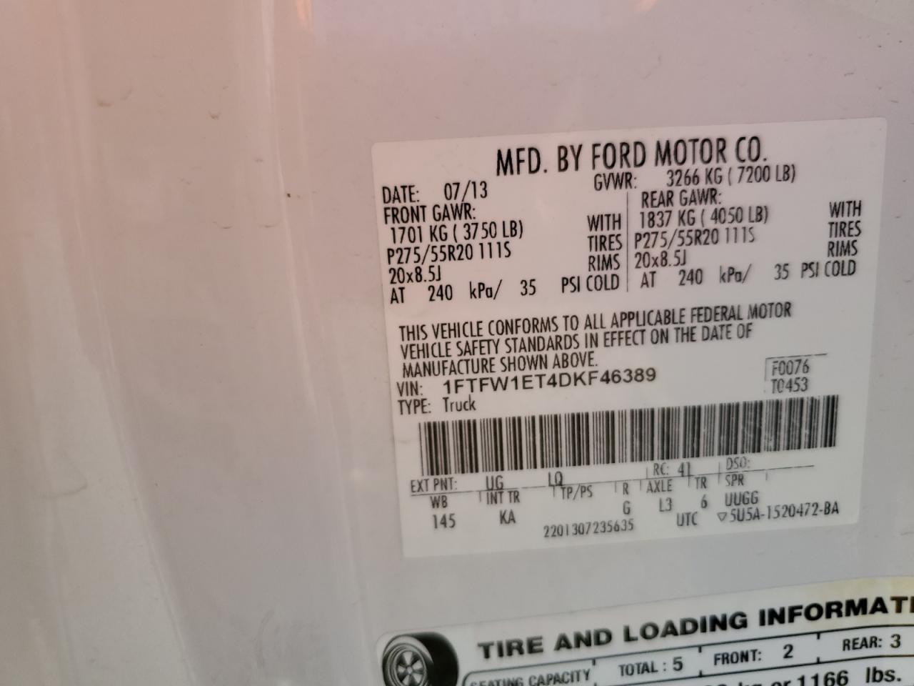 2013 Ford F150 Supercrew VIN: 1FTFW1ET4DKF46389 Lot: 87063045