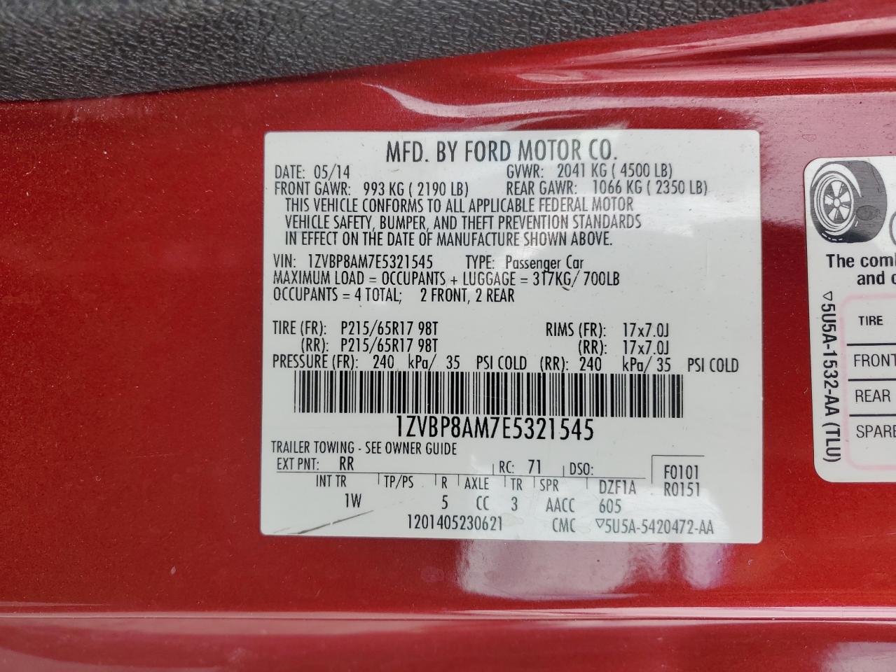 2014 Ford Mustang VIN: 1ZVBP8AM7E5321545 Lot: 82329765