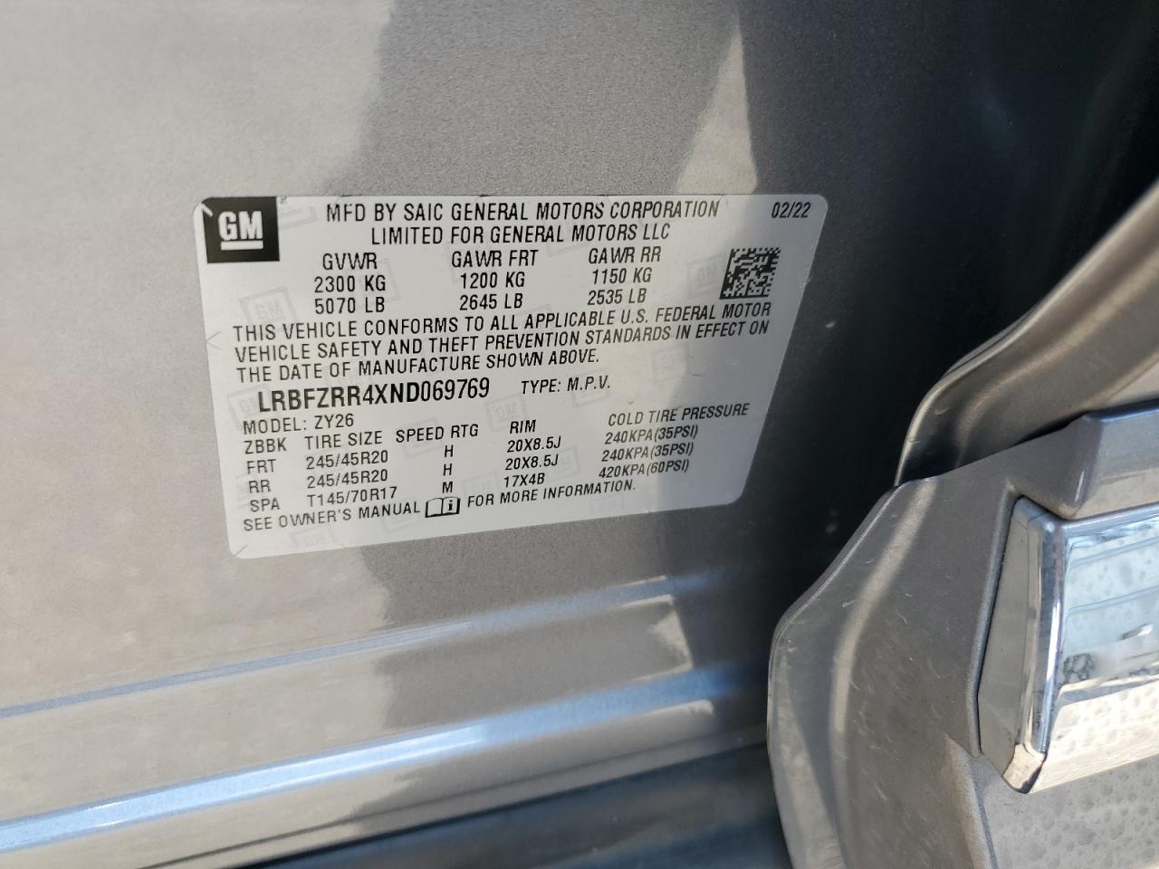 2022 Buick Envision Avenir VIN: LRBFZRR4XND069769 Lot: 85755295