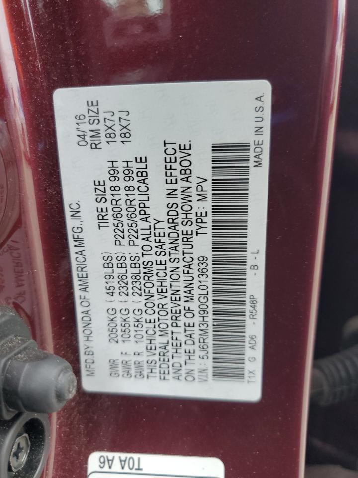 2016 Honda Cr-V Touring VIN: 5J6RM3H90GL013639 Lot: 85379475