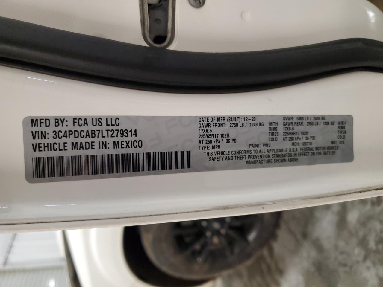 2020 Dodge Journey Se VIN: 3C4PDCAB7LT279314 Lot: 82638145