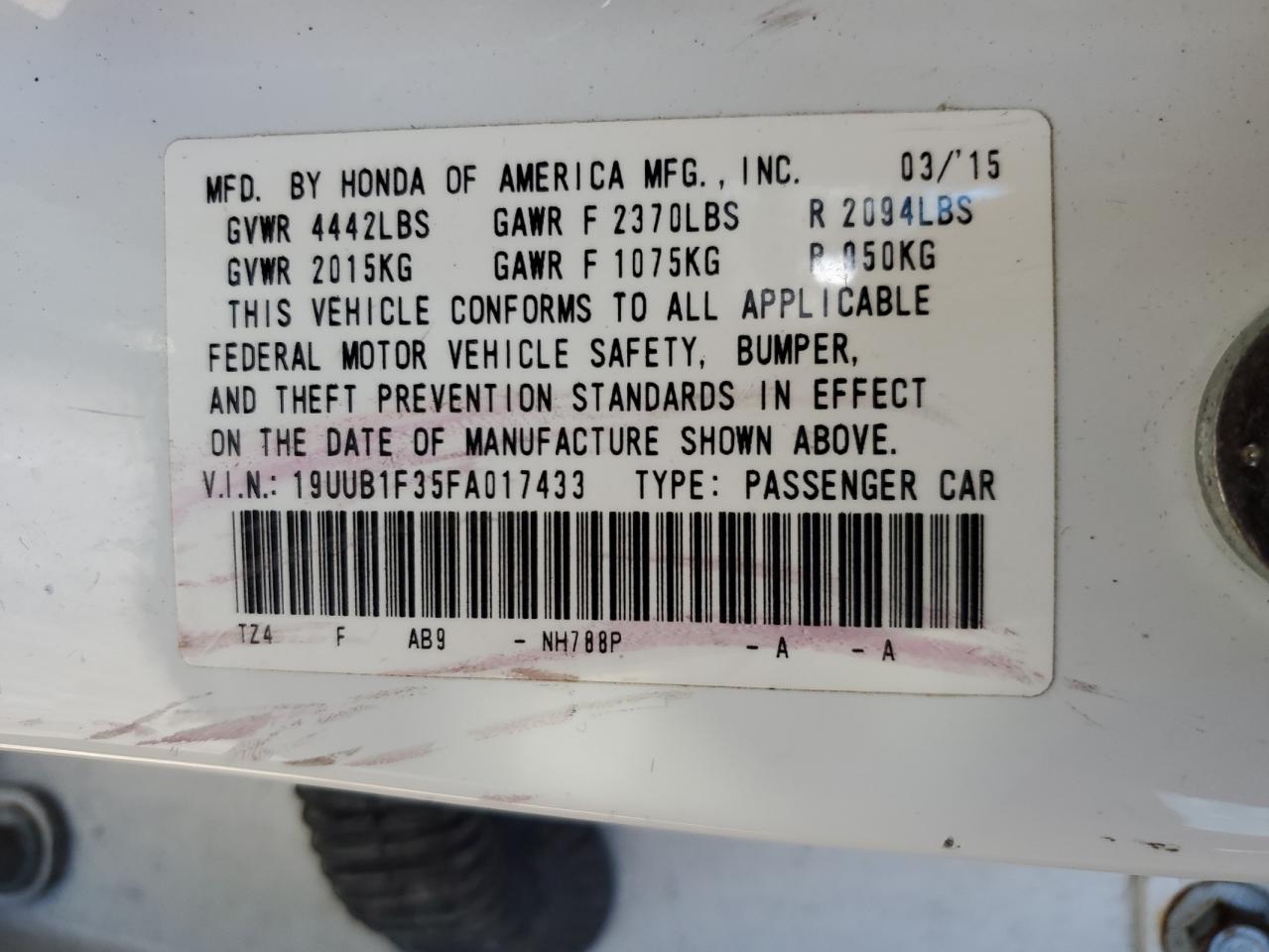 2015 Acura Tlx VIN: 19UUB1F35FA017433 Lot: 85564285