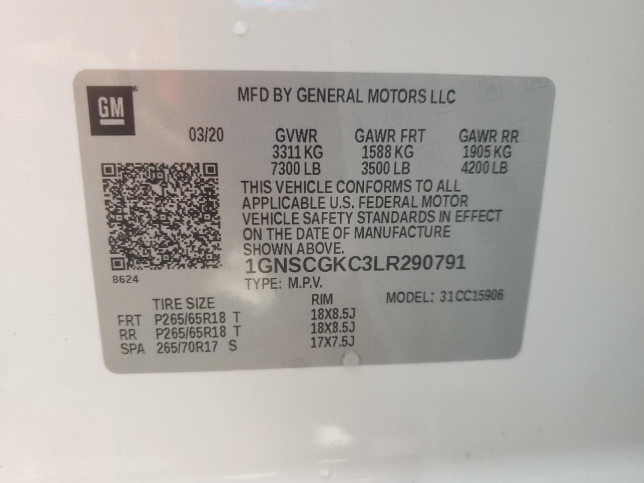 2020 Chevrolet Suburban C1500 Ls VIN: 1GNSCGKC3LR290791 Lot: 82321515