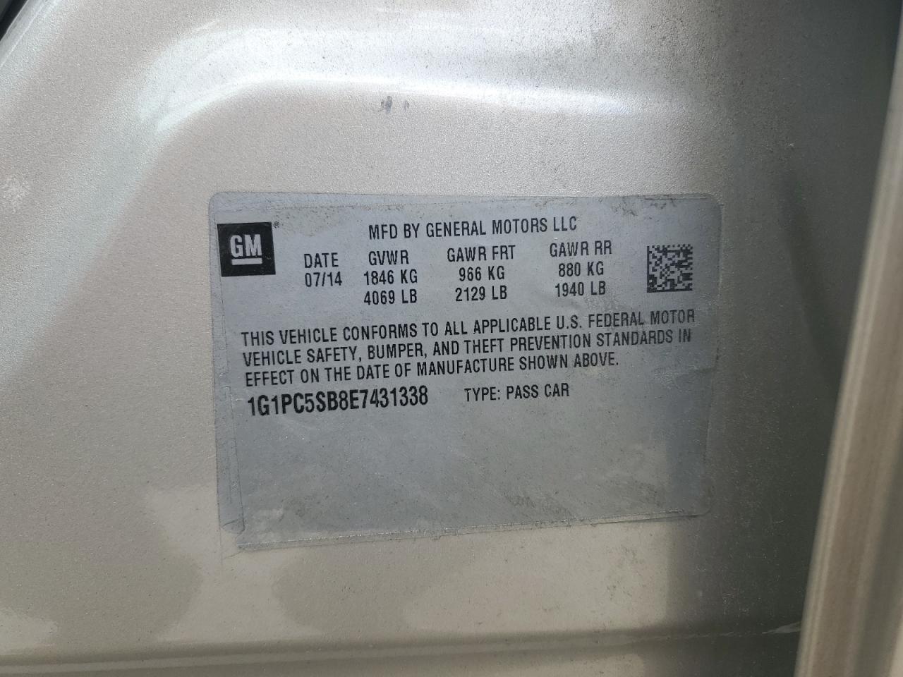 2014 Chevrolet Cruze Lt VIN: 1G1PC5SB8E7431338 Lot: 82280185