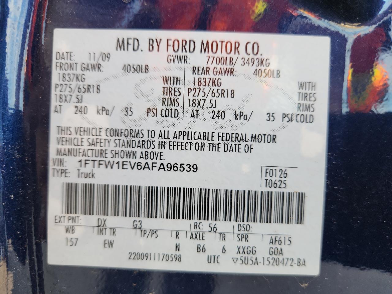 2010 Ford F150 Supercrew VIN: 1FTFW1EV6AFA96539 Lot: 81993795