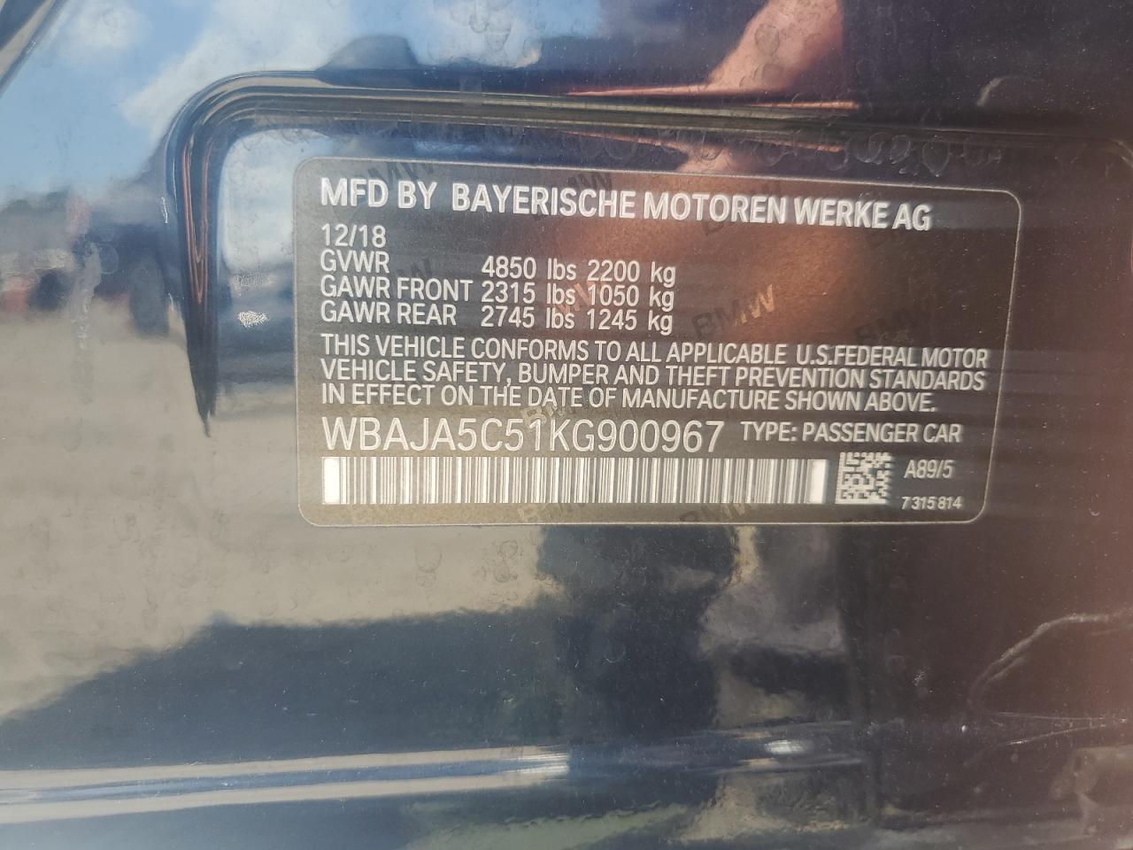 2019 BMW 530 I VIN: WBAJA5C51KG900967 Lot: 84366765