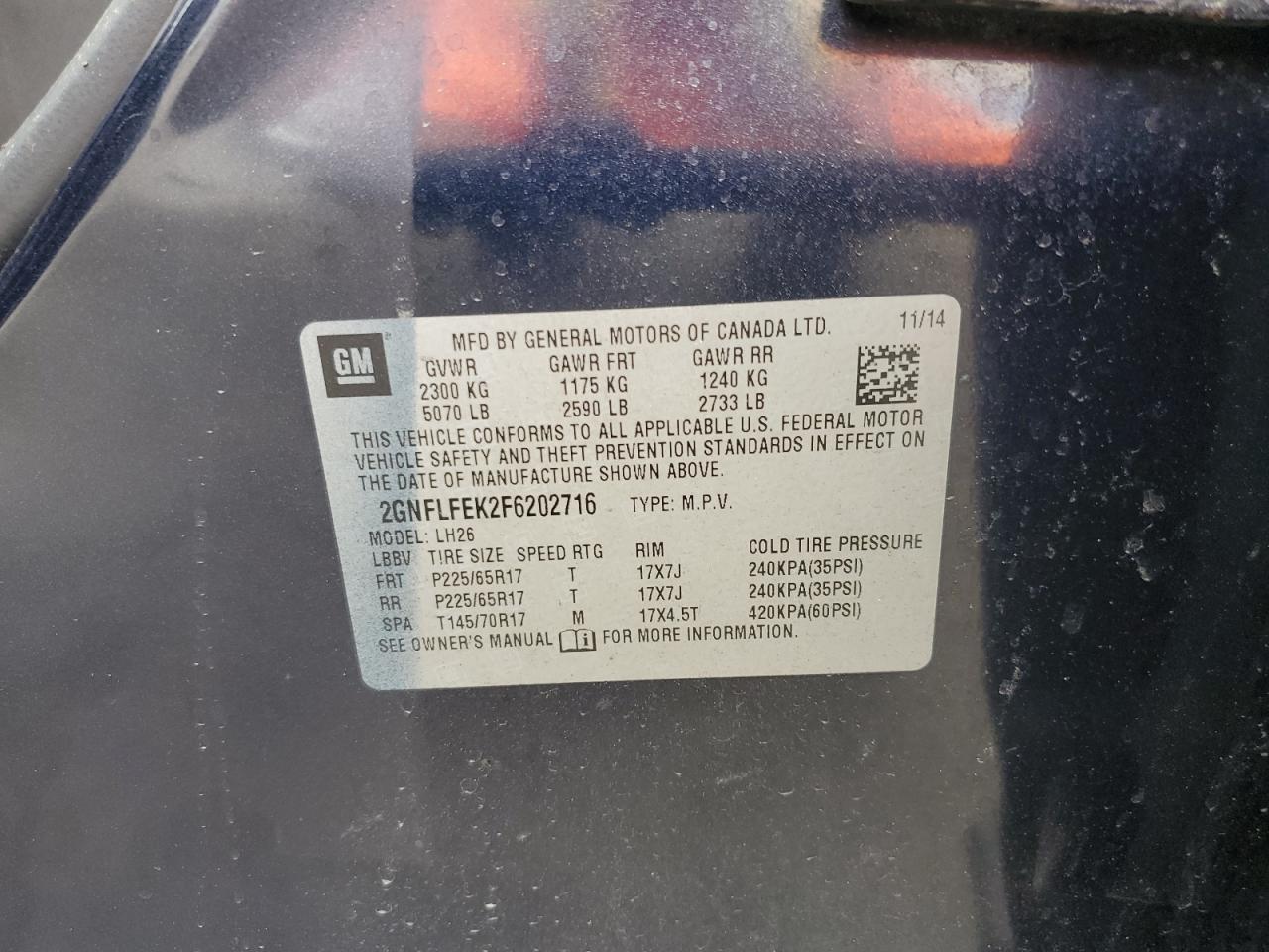 2015 Chevrolet Equinox Lt VIN: 2GNFLFEK2F6202716 Lot: 87041975