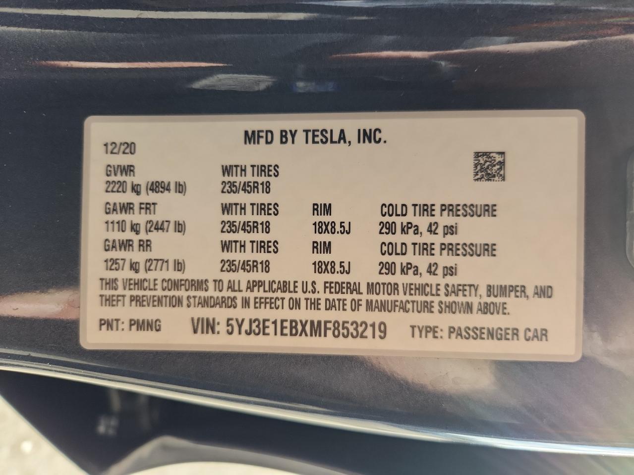 2021 Tesla Model 3 VIN: 5YJ3E1EBXMF853219 Lot: 84820975