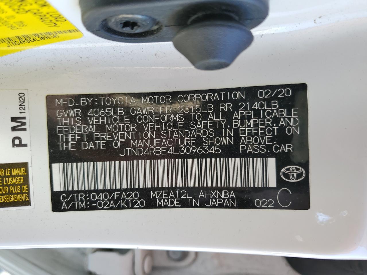 2020 Toyota Corolla Se VIN: JTND4RBE4L3096345 Lot: 82270225