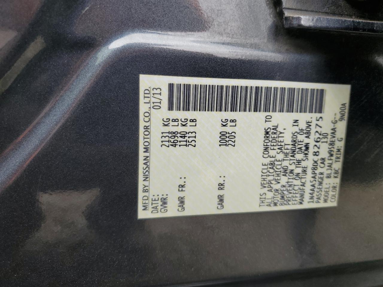 2013 Nissan Maxima S VIN: 1N4AA5AP8DC826275 Lot: 81996755