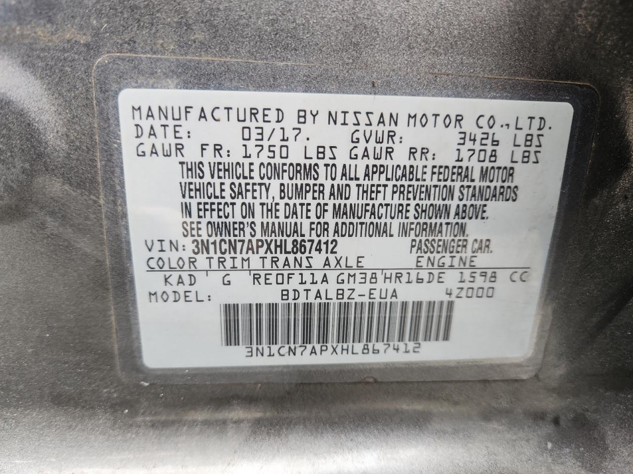 2017 Nissan Versa S VIN: 3N1CN7APXHL867412 Lot: 85163695