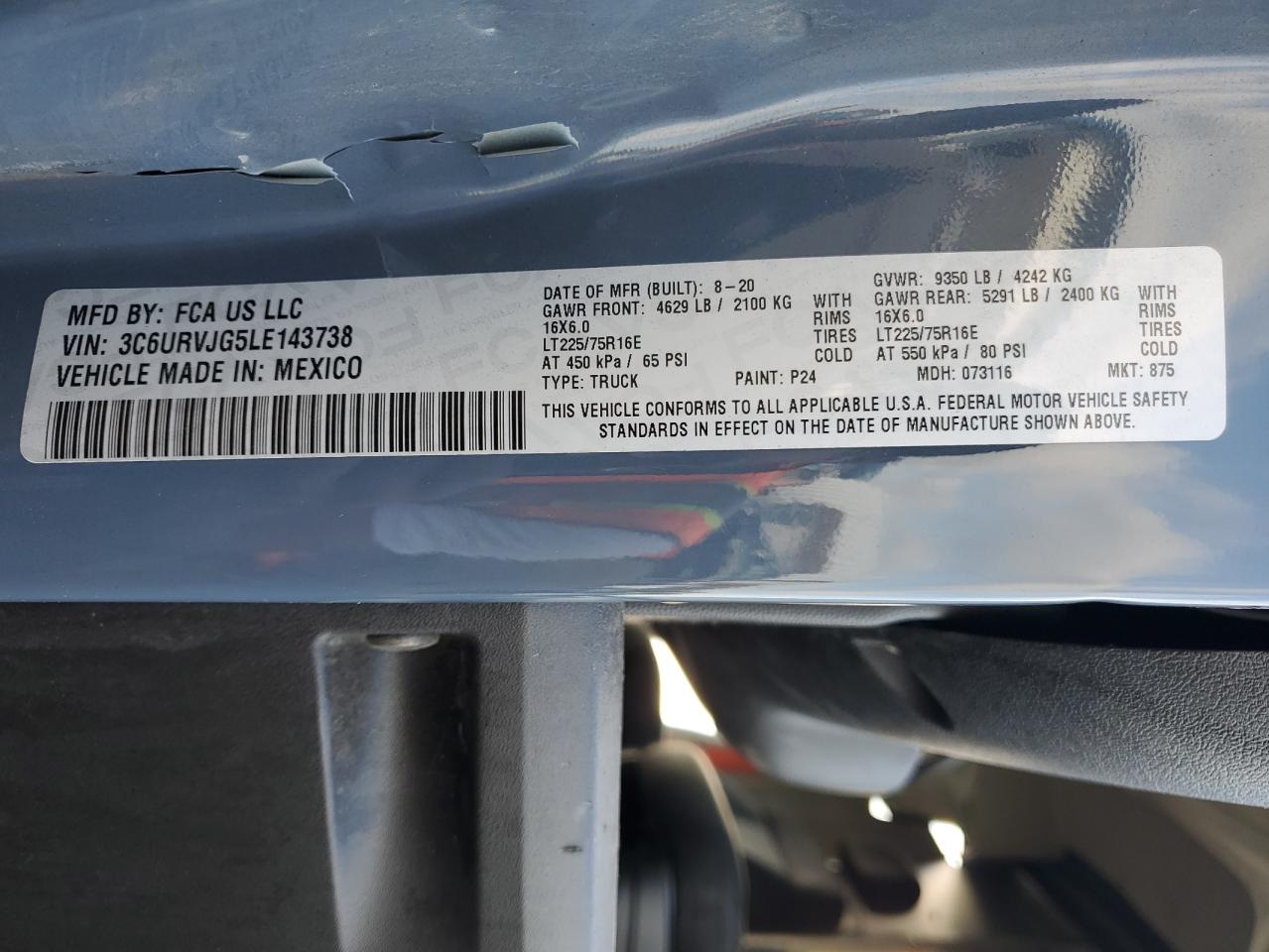 2020 Ram Promaster 3500 3500 High VIN: 3C6URVJG5LE143738 Lot: 85544655