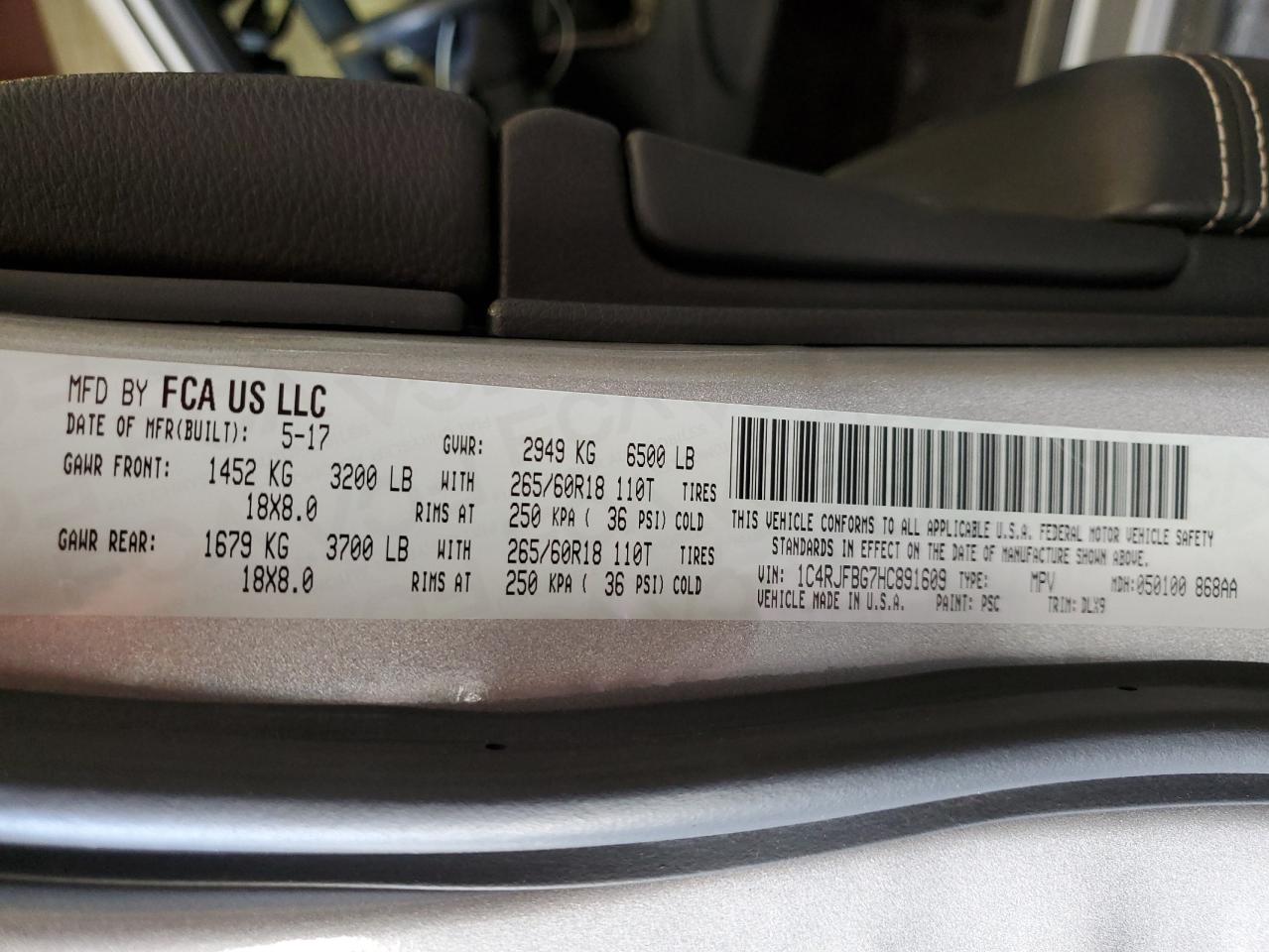 2017 Jeep Grand Cherokee Limited VIN: 1C4RJFBG7HC891609 Lot: 85369035