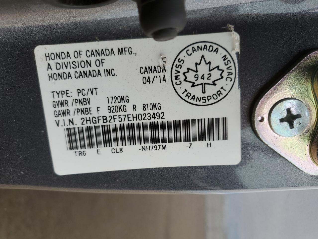 2014 Honda Civic Lx VIN: 2HGFB2F57EH023492 Lot: 85710445