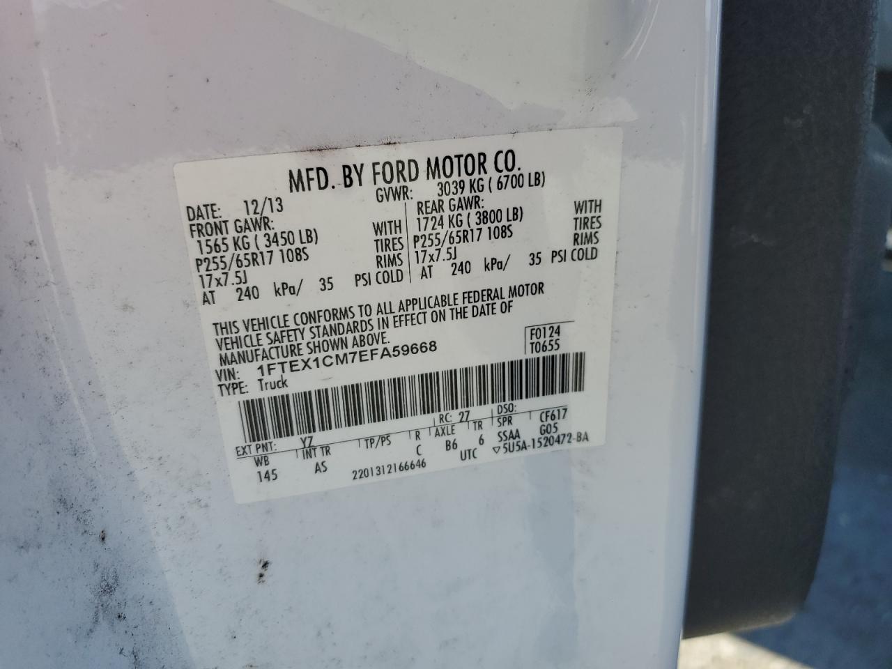 2014 Ford F150 Super Cab VIN: 1FTEX1CM7EFA59668 Lot: 89735225