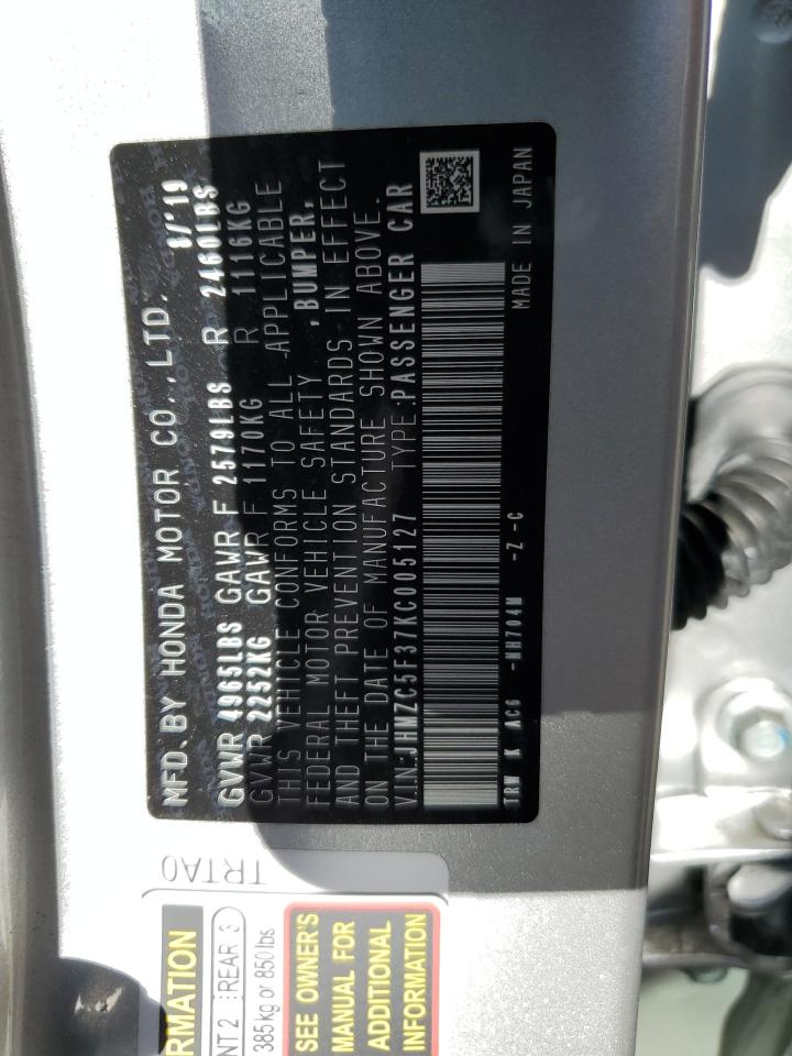 2019 Honda Clarity Touring VIN: JHMZC5F37KC005127 Lot: 82585915