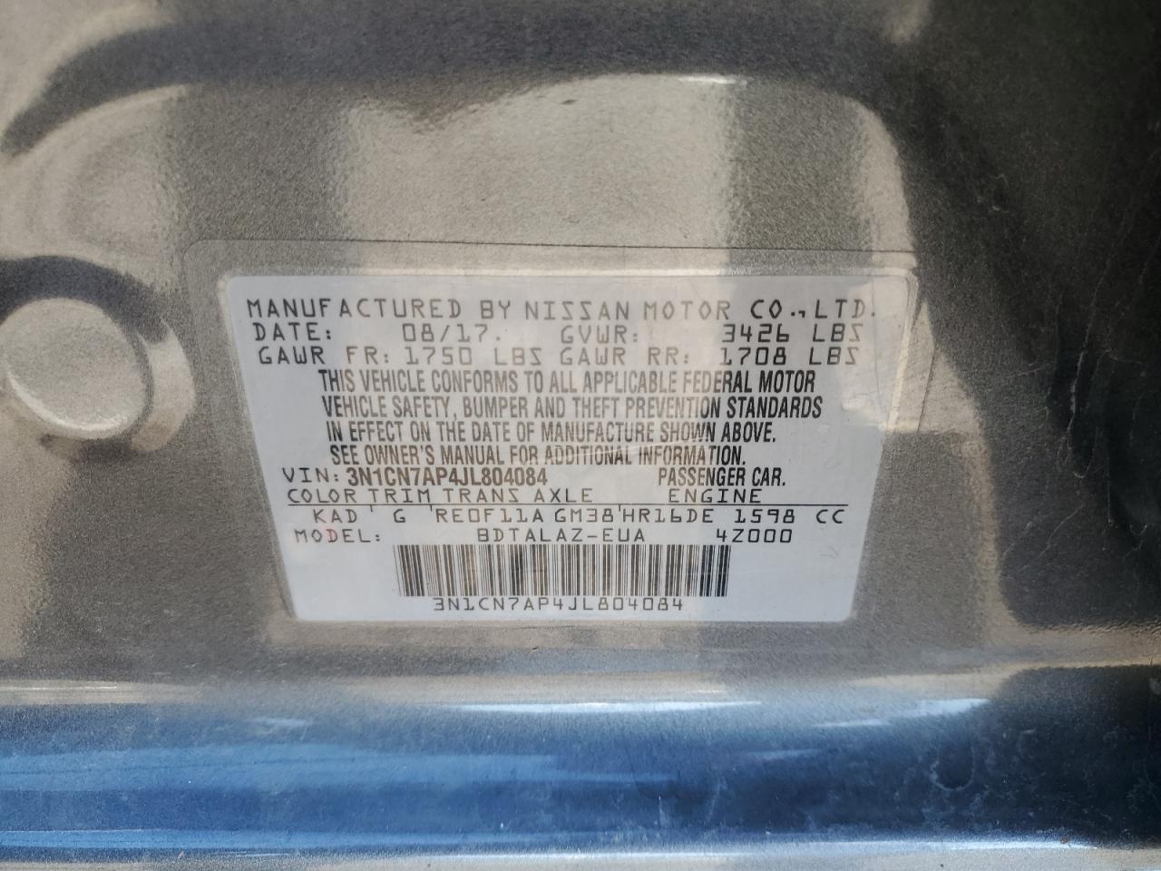 2018 Nissan Versa S VIN: 3N1CN7AP4JL804084 Lot: 85373095