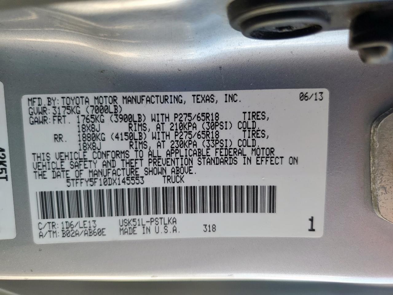 2013 Toyota Tundra Crewmax Limited VIN: 5TFFY5F10DX145553 Lot: 82311405