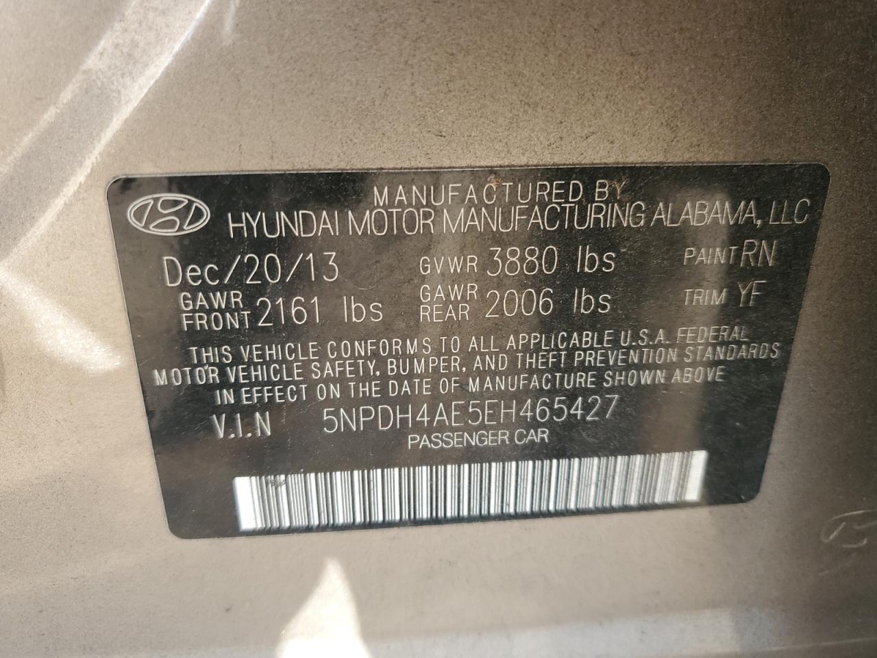 2014 Hyundai Elantra Se VIN: 5NPDH4AE5EH465427 Lot: 82295425