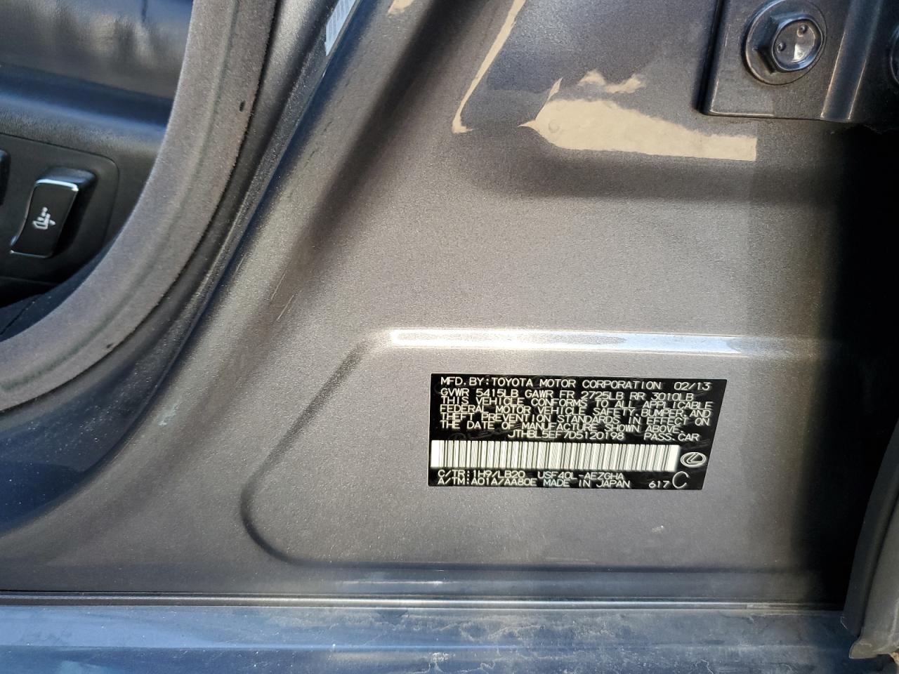 2013 Lexus Ls 460 VIN: JTHBL5EF7D5120198 Lot: 89697375