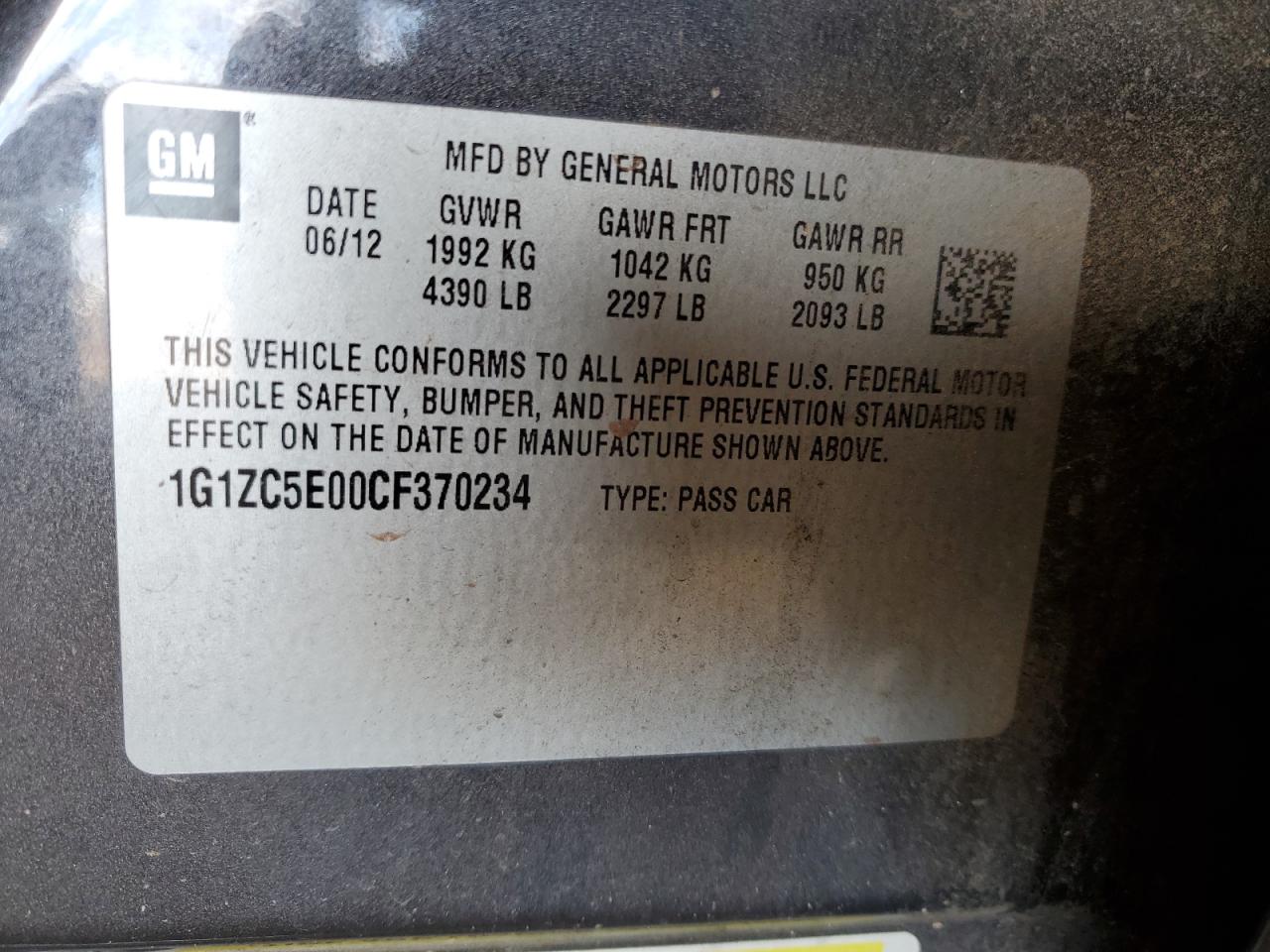 2012 Chevrolet Malibu 1Lt VIN: 1G1ZC5E00CF370234 Lot: 85653945