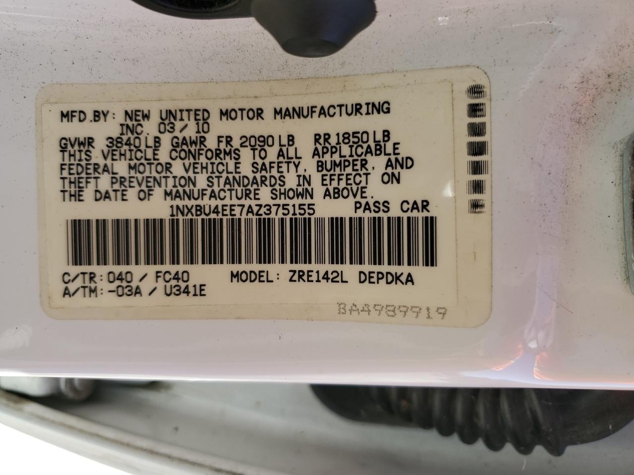 2010 Toyota Corolla Base VIN: 1NXBU4EE7AZ375155 Lot: 85369295