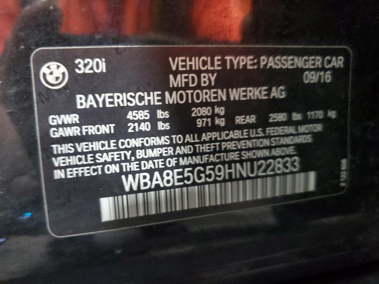 2017 BMW 320 Xi VIN: WBA8E5G59HNU22833 Lot: 86117045