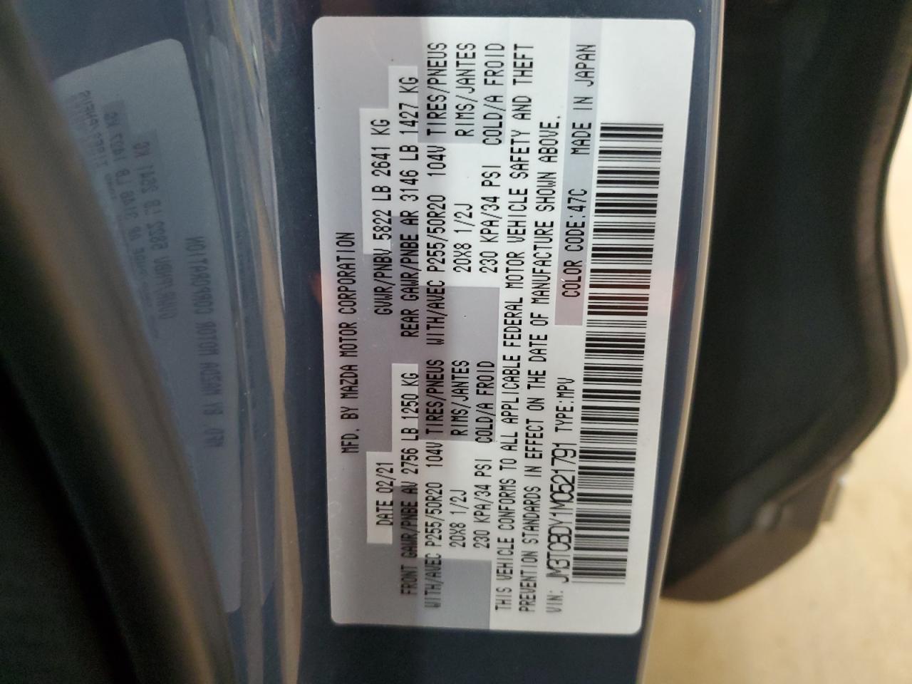 2021 Mazda Cx-9 Grand Touring VIN: JM3TCBDY1M0521791 Lot: 86092745