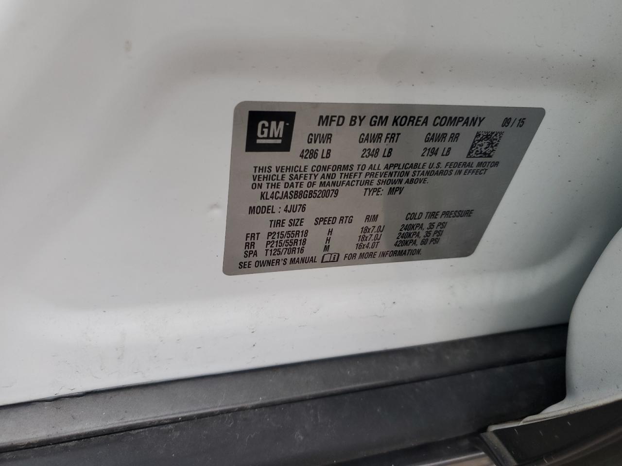 2016 Buick Encore VIN: KL4CJASB8GB520079 Lot: 86317575