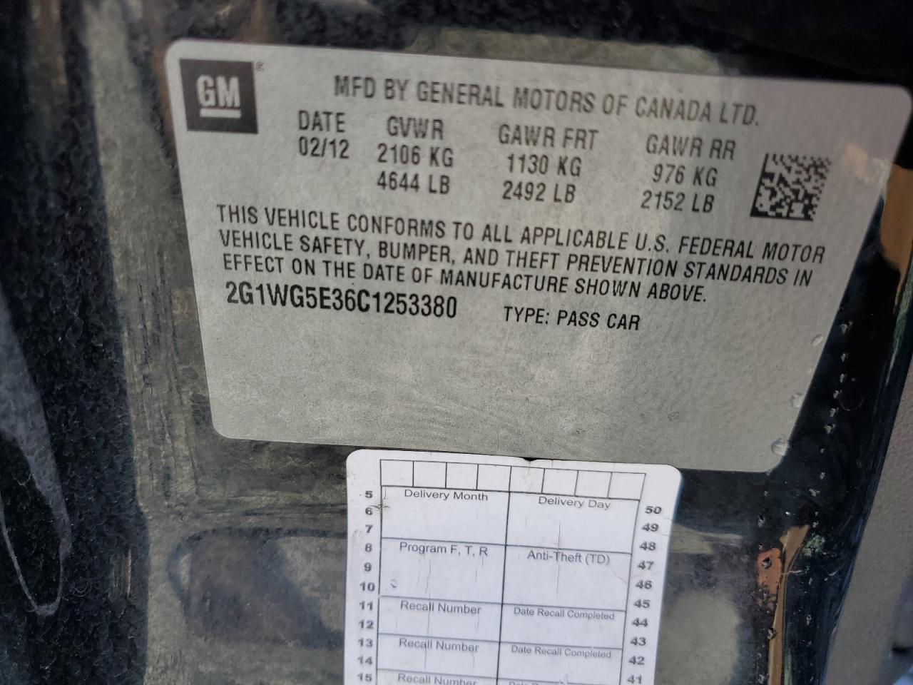 2012 Chevrolet Impala Lt VIN: 2G1WG5E36C1253380 Lot: 81937755