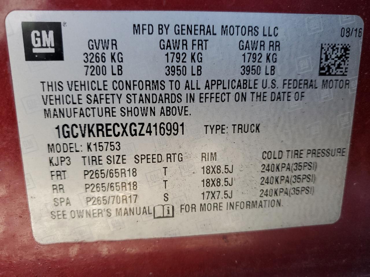 2016 Chevrolet Silverado K1500 Lt VIN: 1GCVKRECXGZ416991 Lot: 85490035