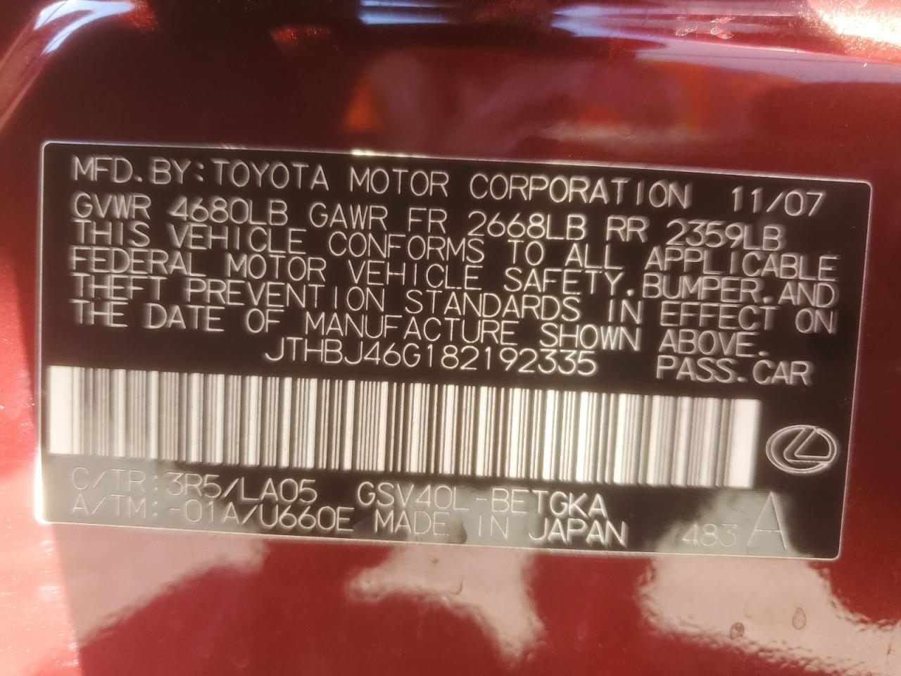 2008 Lexus Es 350 VIN: JTHBJ46G182192335 Lot: 84960315