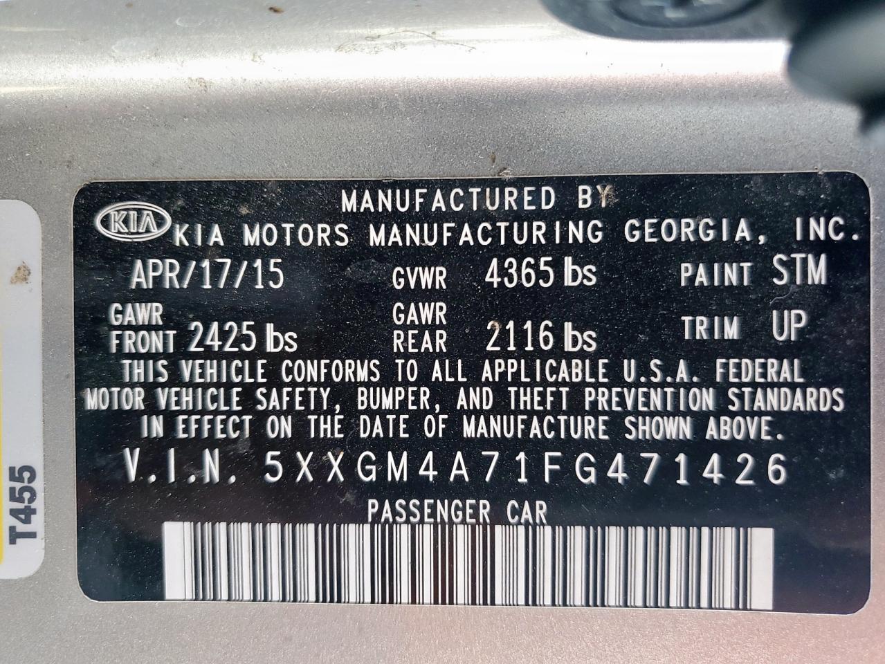 2015 Kia Optima Lx VIN: 5XXGM4A71FG471426 Lot: 81960975