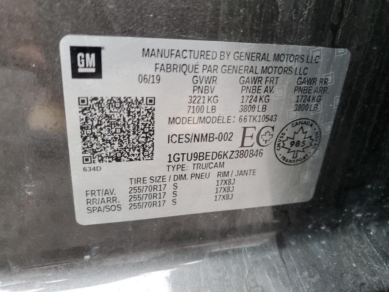 2019 GMC Sierra K1500 Sle VIN: 1GTU9BED6KZ380846 Lot: 85820945
