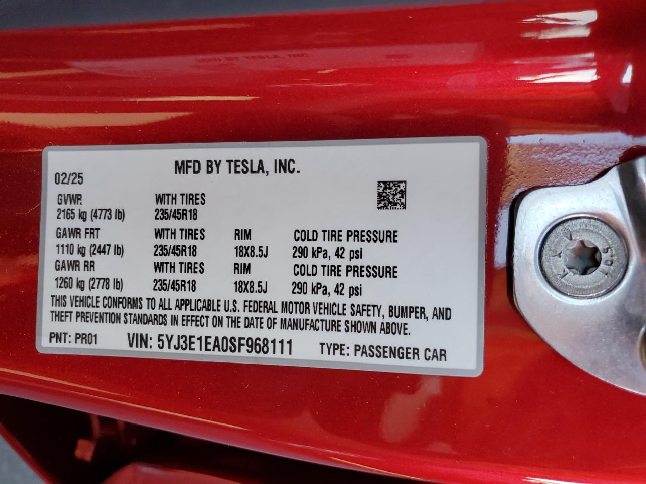 2025 Tesla Model 3 VIN: 5YJ3E1EA0SF968111 Lot: 86763645