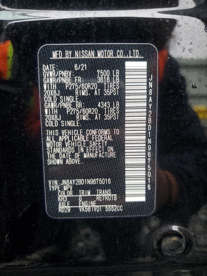 2022 Nissan Armada Sl VIN: JN8AY2BD1N9675016 Lot: 86263655