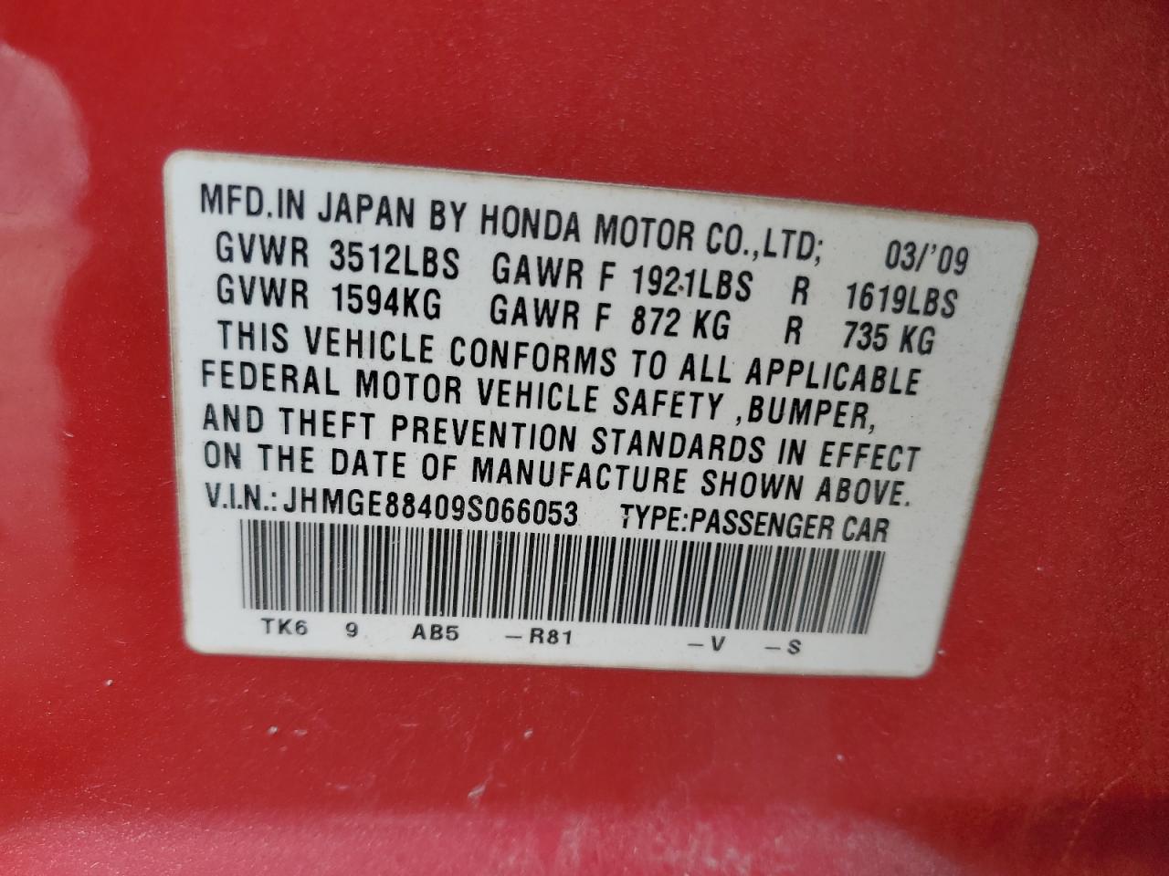 2009 Honda Fit Sport VIN: JHMGE88409S066053 Lot: 85814995