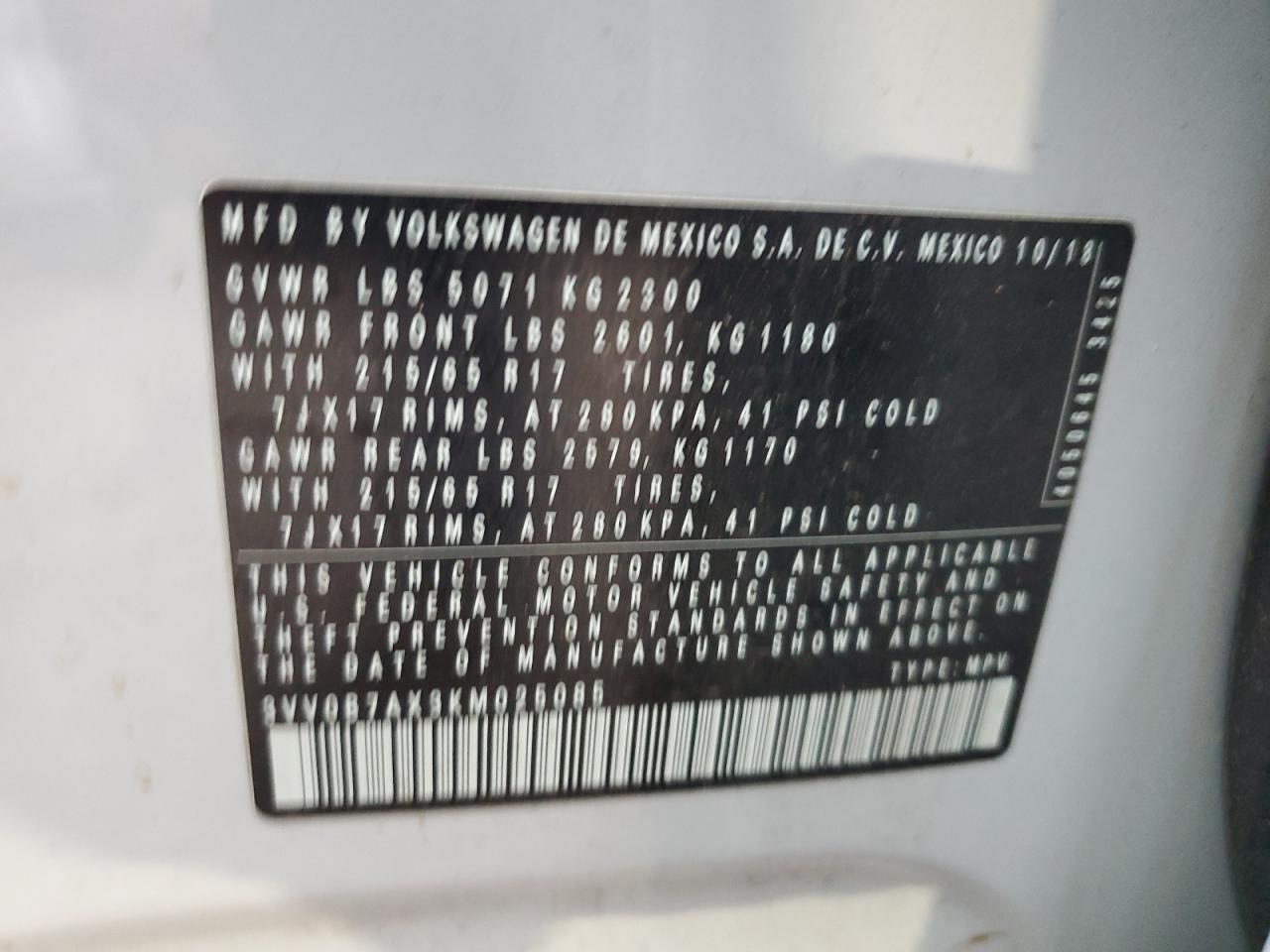 2019 Volkswagen Tiguan S VIN: 3VV0B7AX3KM025085 Lot: 85722285