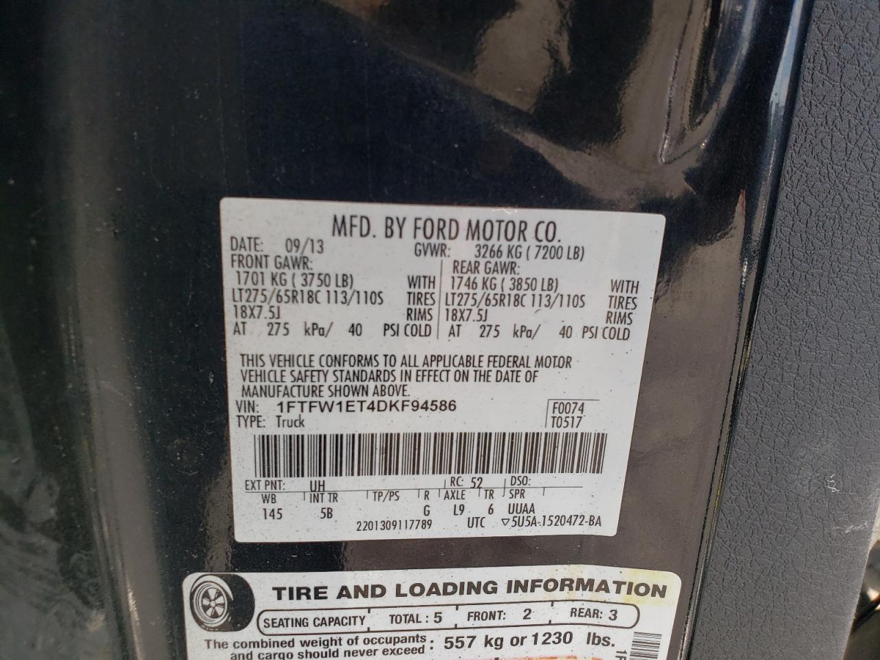 2013 Ford F150 Supercrew VIN: 1FTFW1ET4DKF94586 Lot: 85851815