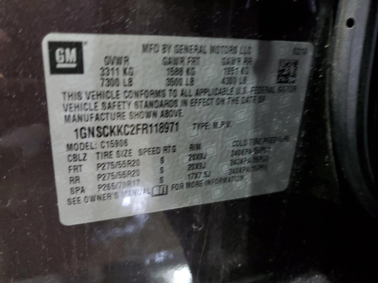 2015 Chevrolet Suburban C1500 Ltz VIN: 1GNSCKKC2FR118971 Lot: 89449645